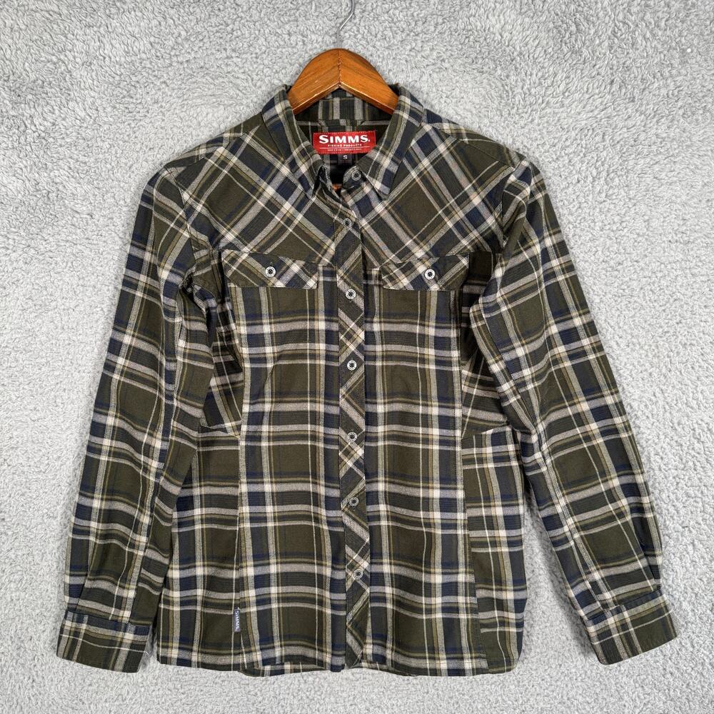 Simms Flannel Shirt Women’s Small Green Blue Plaid Long Sleeve Outdoor Hiking
